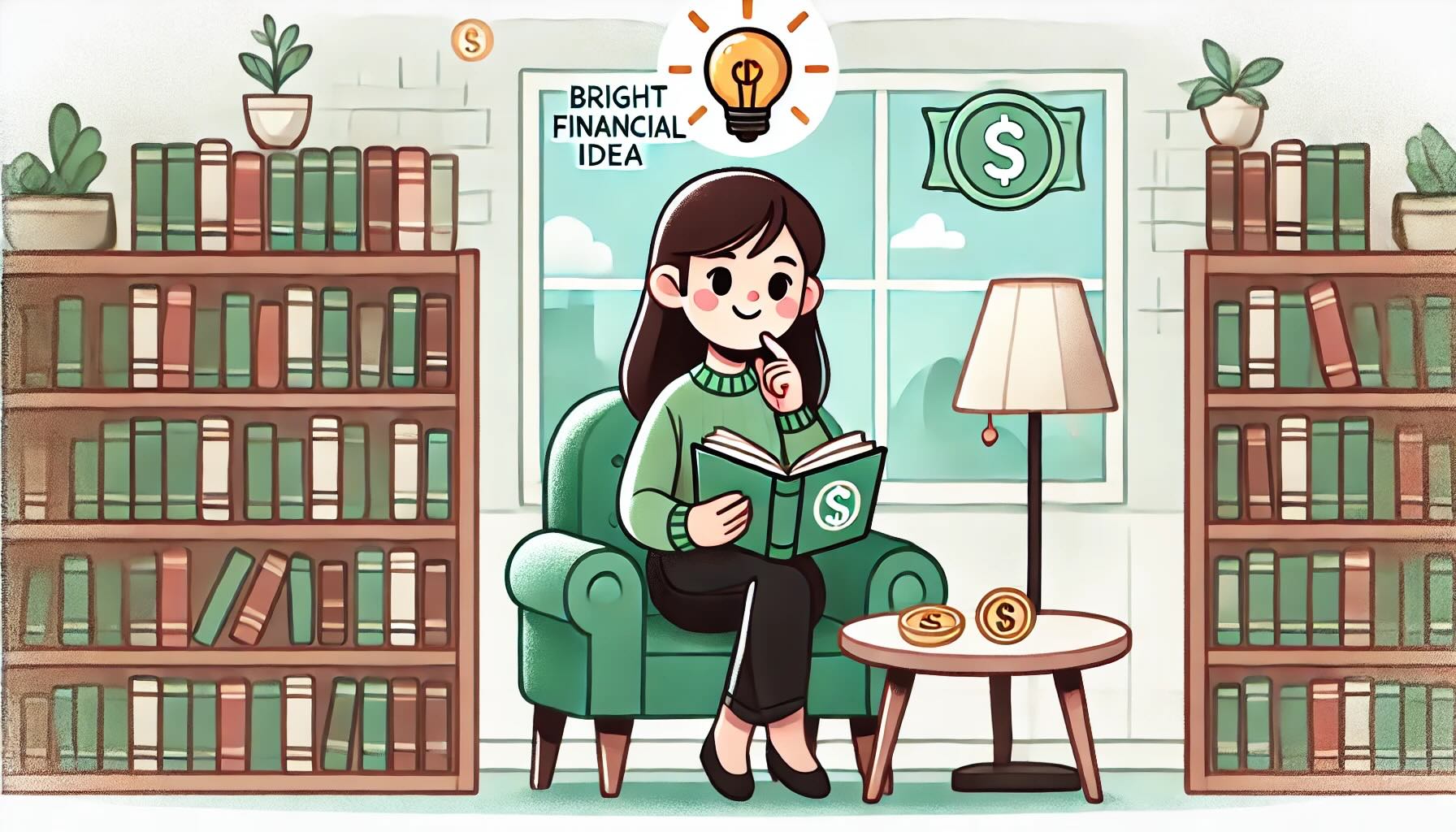 Cartoon illustration of a woman sitting in a library, reading a book, and getting a bright financial idea, represented by a light bulb above her head. The background includes bookshelves, with green, white, and brown tones creating a cozy and inspirational atmosphere.